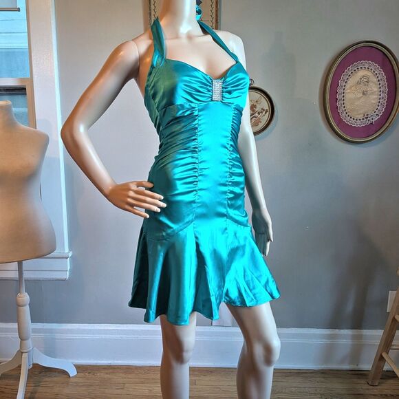 NWT Vintage Y2K Morgan & Co Teal Mini Dress Trashy Fairycore Rhinestone Party - Picture 1 of 10